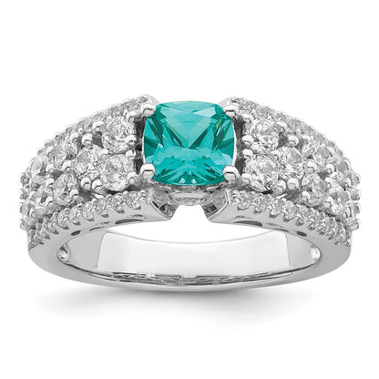 Sterling Silver Rhodium Plated White And Teal Cz Ring