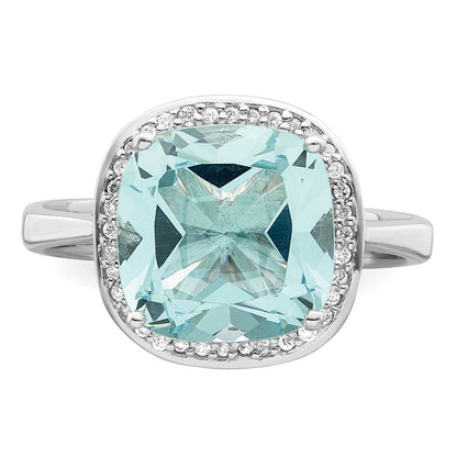 Sterling Silver Rhodium Plated Light Blue Crystal Cz Halo Ring