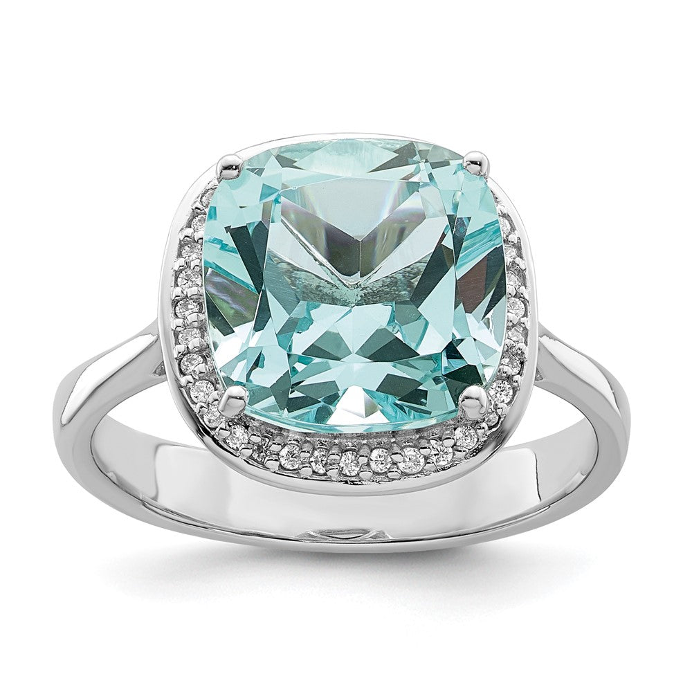 Sterling Silver Rhodium Plated Light Blue Crystal Cz Halo Ring