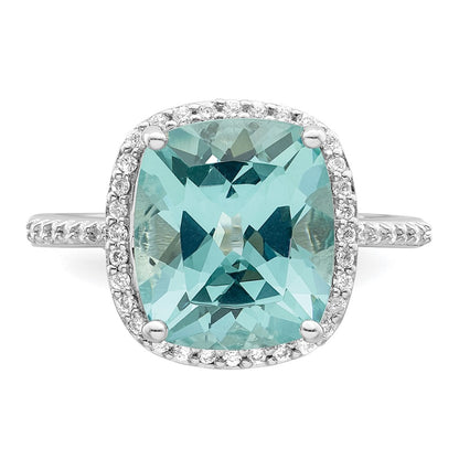 Sterling Silver Rhodium Plated Light Blue Crystal Cz Halo Ring