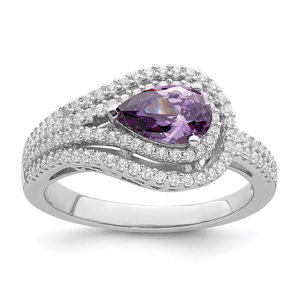 Sterling Silver Rhodium Plated Purple Cz Ring