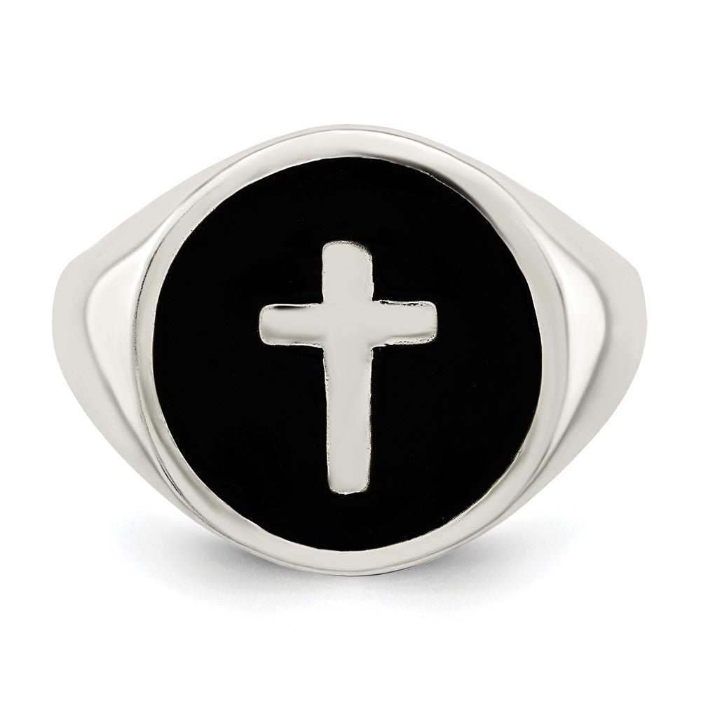 Sterling Silver Rhodium Plated Enameled Cross Ring
