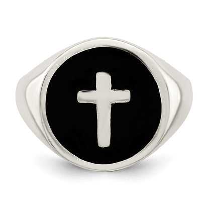 Sterling Silver Rhodium Plated Enameled Cross Ring
