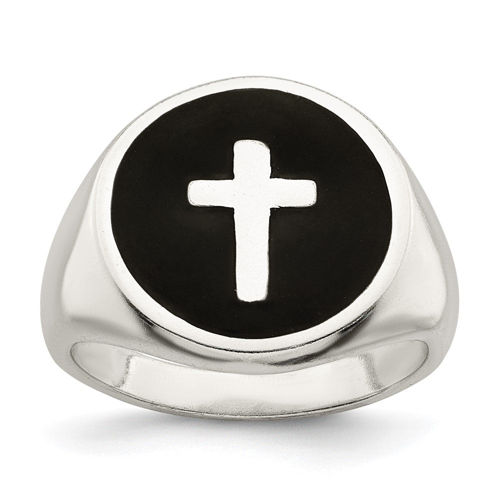 Sterling Silver Rhodium Plated Enameled Cross Ring