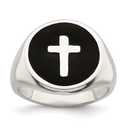 Sterling Silver Rhodium Plated Enameled Cross Ring