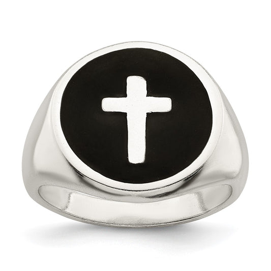 Sterling Silver Rhodium Plated Enameled Cross Ring