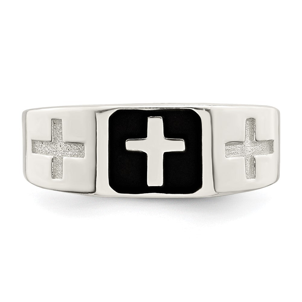 Sterling Silver Rhodium Plated Enameled Cross Ring