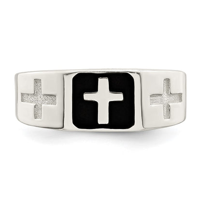 Sterling Silver Rhodium Plated Enameled Cross Ring