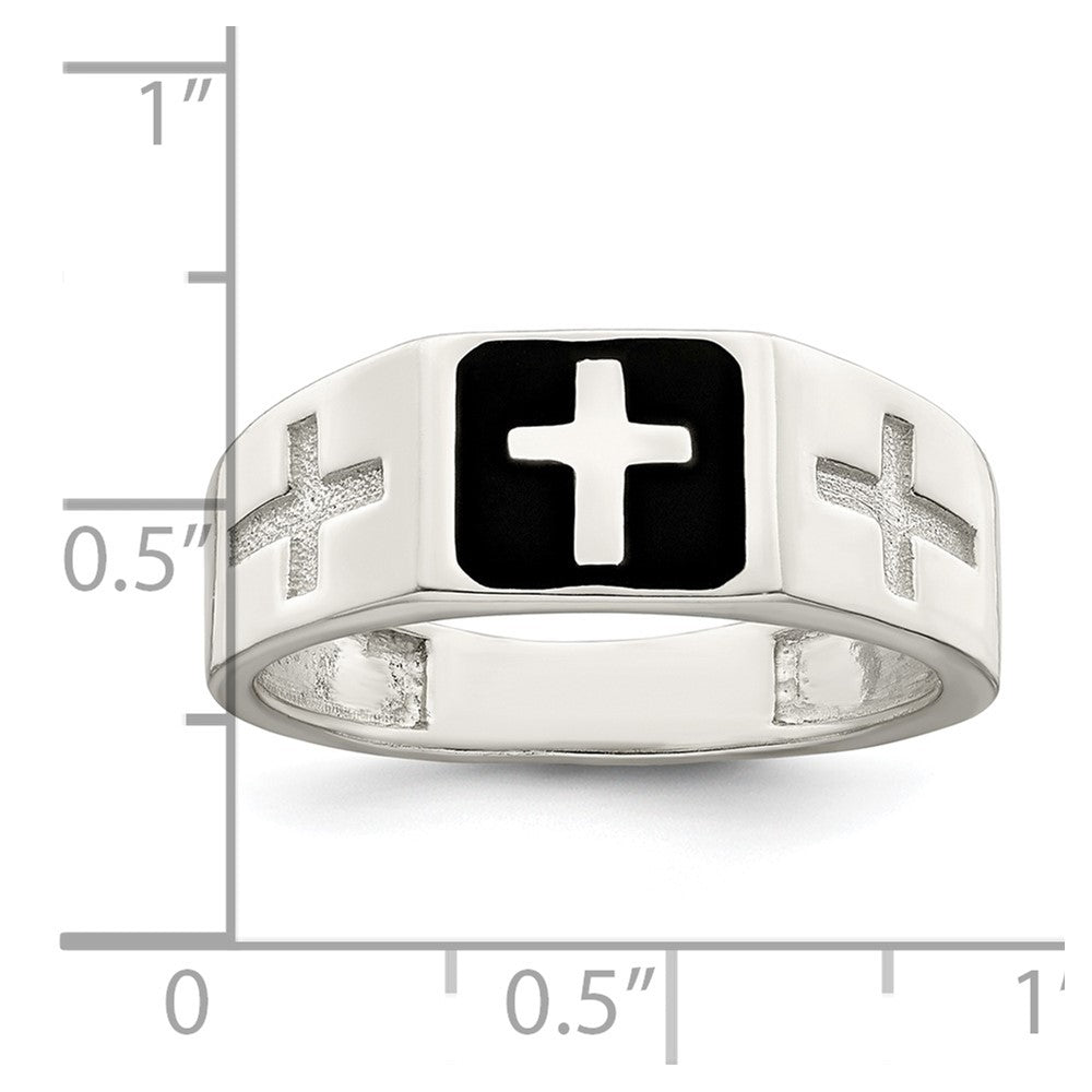 Sterling Silver Rhodium Plated Enameled Cross Ring