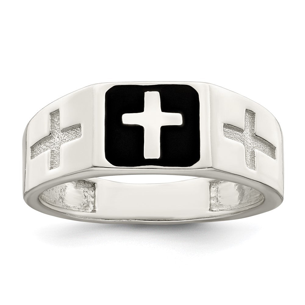 Sterling Silver Rhodium Plated Enameled Cross Ring