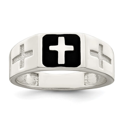 Sterling Silver Rhodium Plated Enameled Cross Ring
