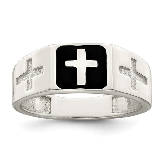 Sterling Silver Rhodium Plated Enameled Cross Ring