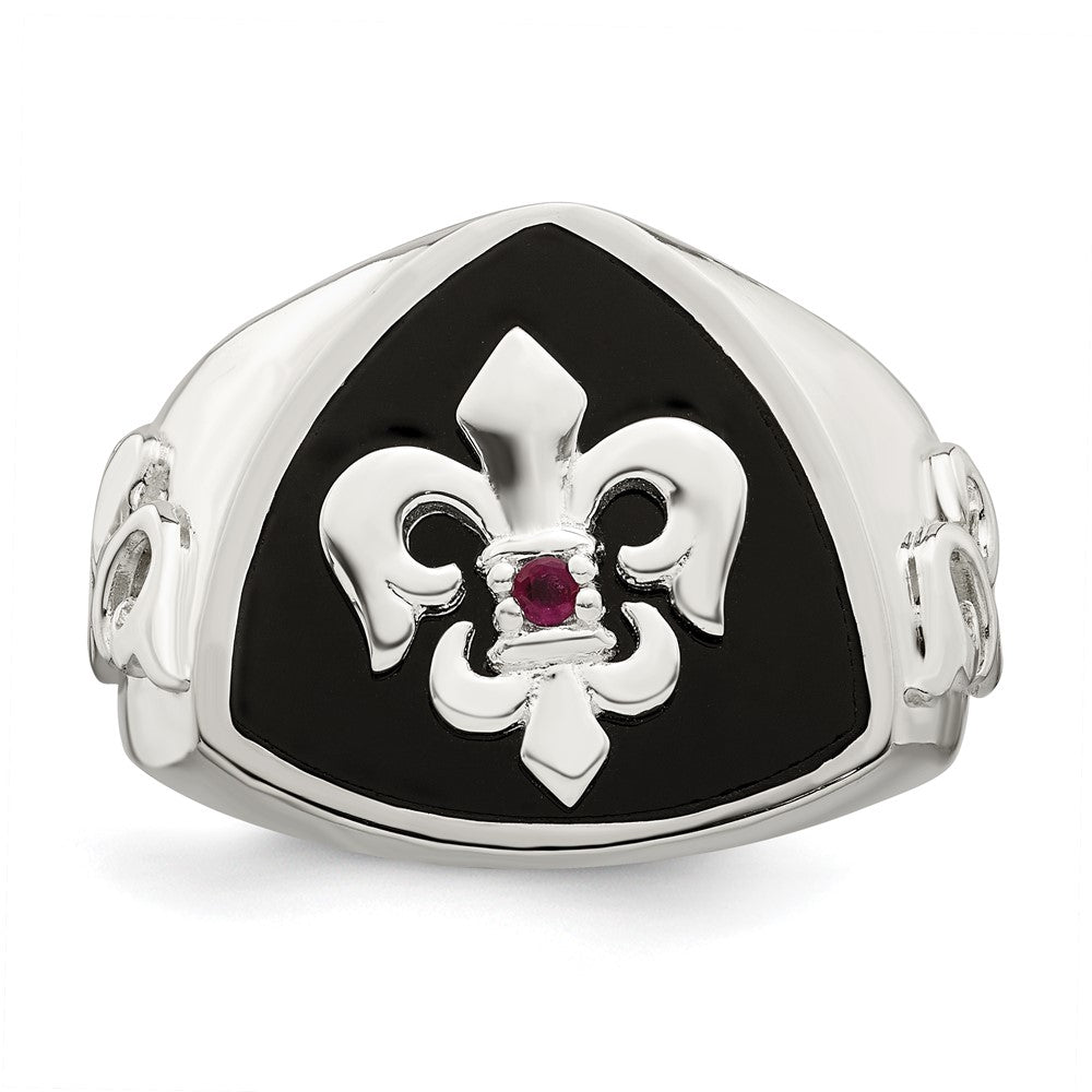 Sterling Silver .03Ruby/Black Agate Fleur De Lis Ring