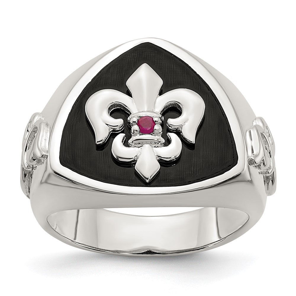 Sterling Silver .03Ruby/Black Agate Fleur De Lis Ring