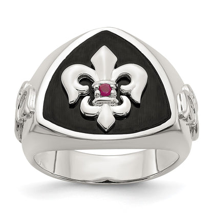 Sterling Silver .03Ruby/Black Agate Fleur De Lis Ring