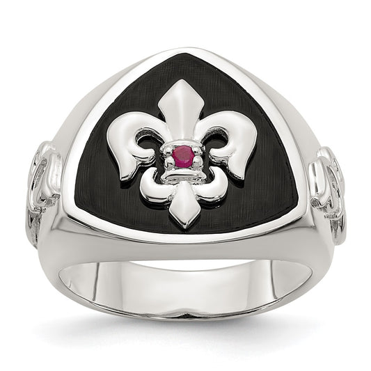 Sterling Silver .03Ruby/Black Agate Fleur De Lis Ring