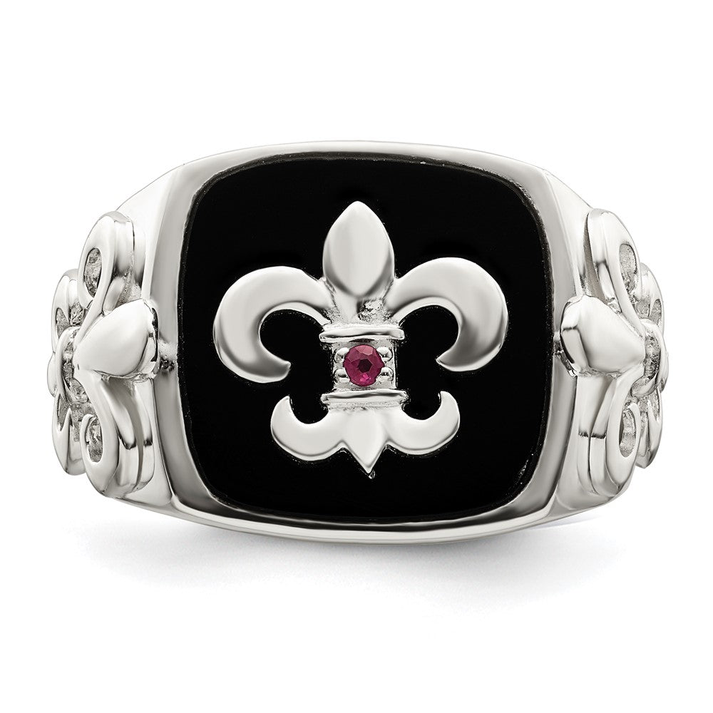 Sterling Silver .03Ruby/Black Agate Fleur De Lis Ring