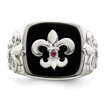 Sterling Silver .03Ruby/Black Agate Fleur De Lis Ring
