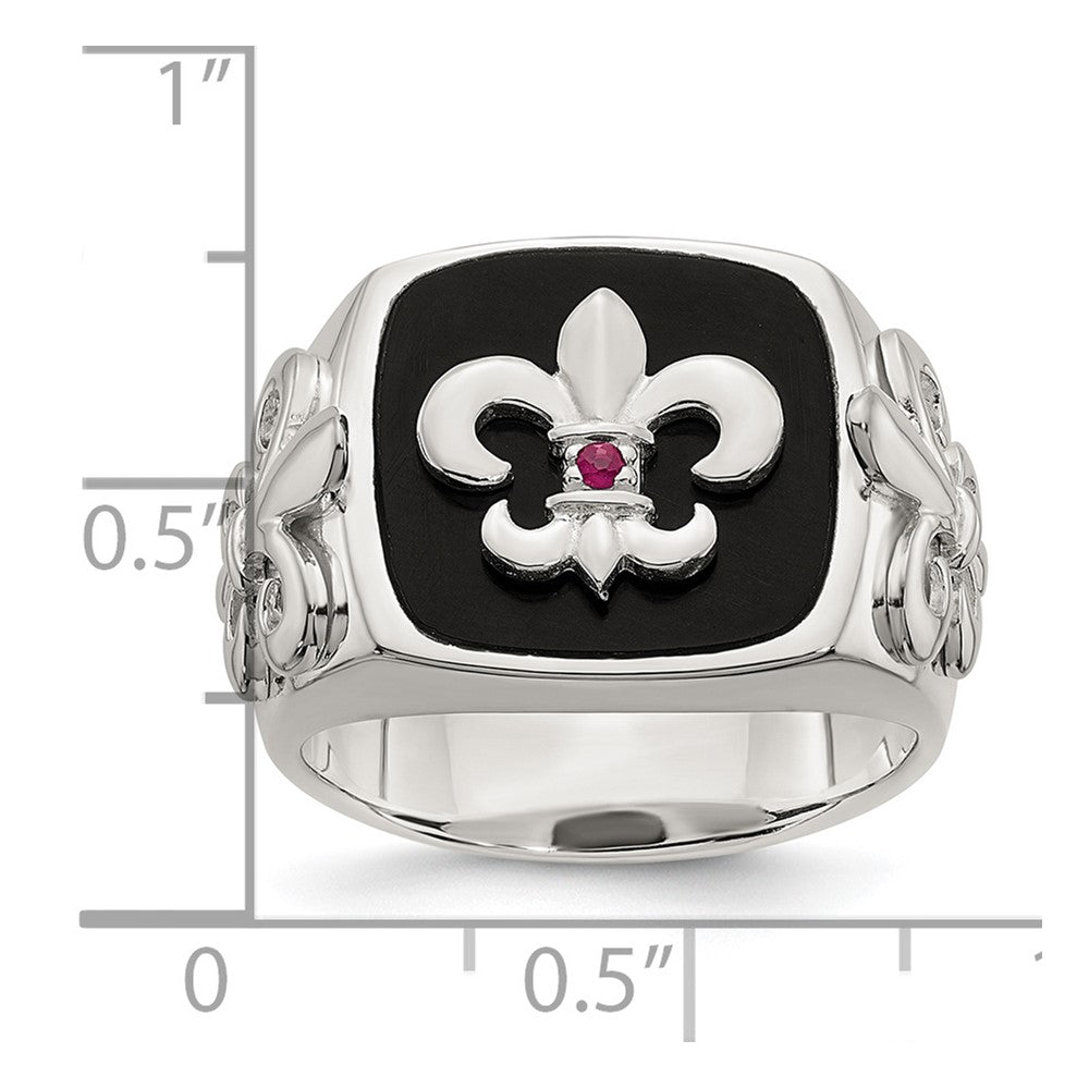 Sterling Silver .03Ruby/Black Agate Fleur De Lis Ring