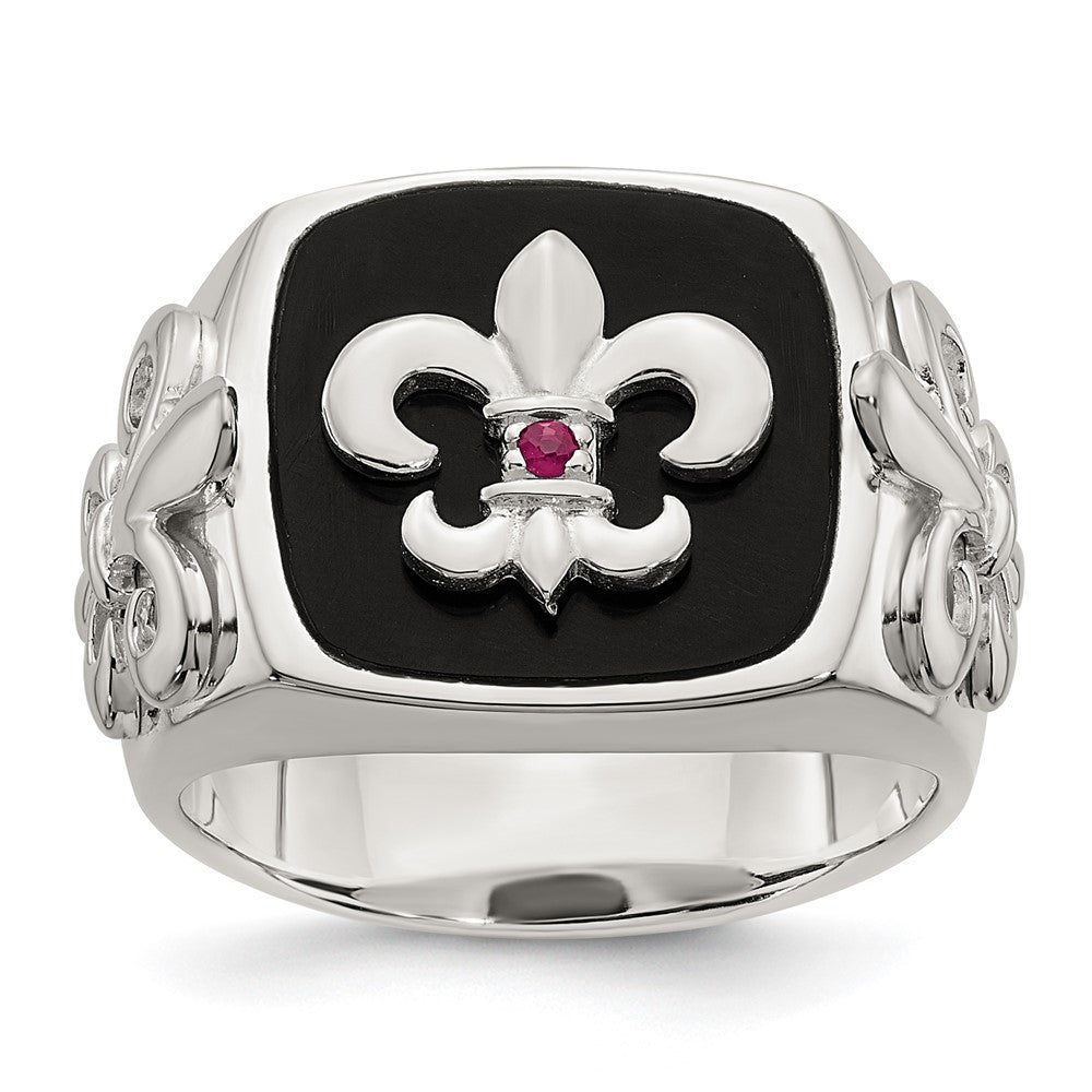 Sterling Silver .03Ruby/Black Agate Fleur De Lis Ring
