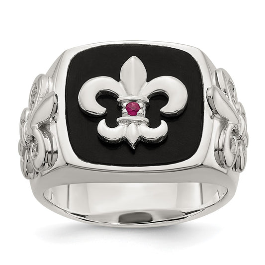 Sterling Silver .03Ruby/Black Agate Fleur De Lis Ring