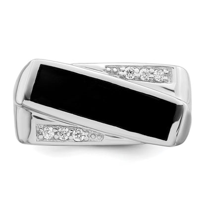 Sterling Silver Rhodium Plated Cz & Onyx Ring