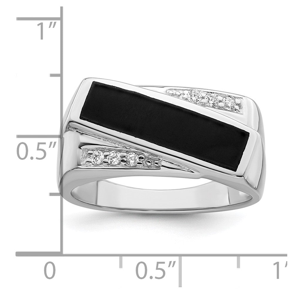 Sterling Silver Rhodium Plated Cz & Onyx Ring