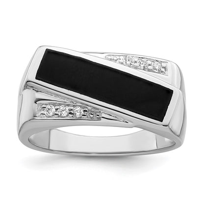 Sterling Silver Rhodium Plated Cz & Onyx Ring