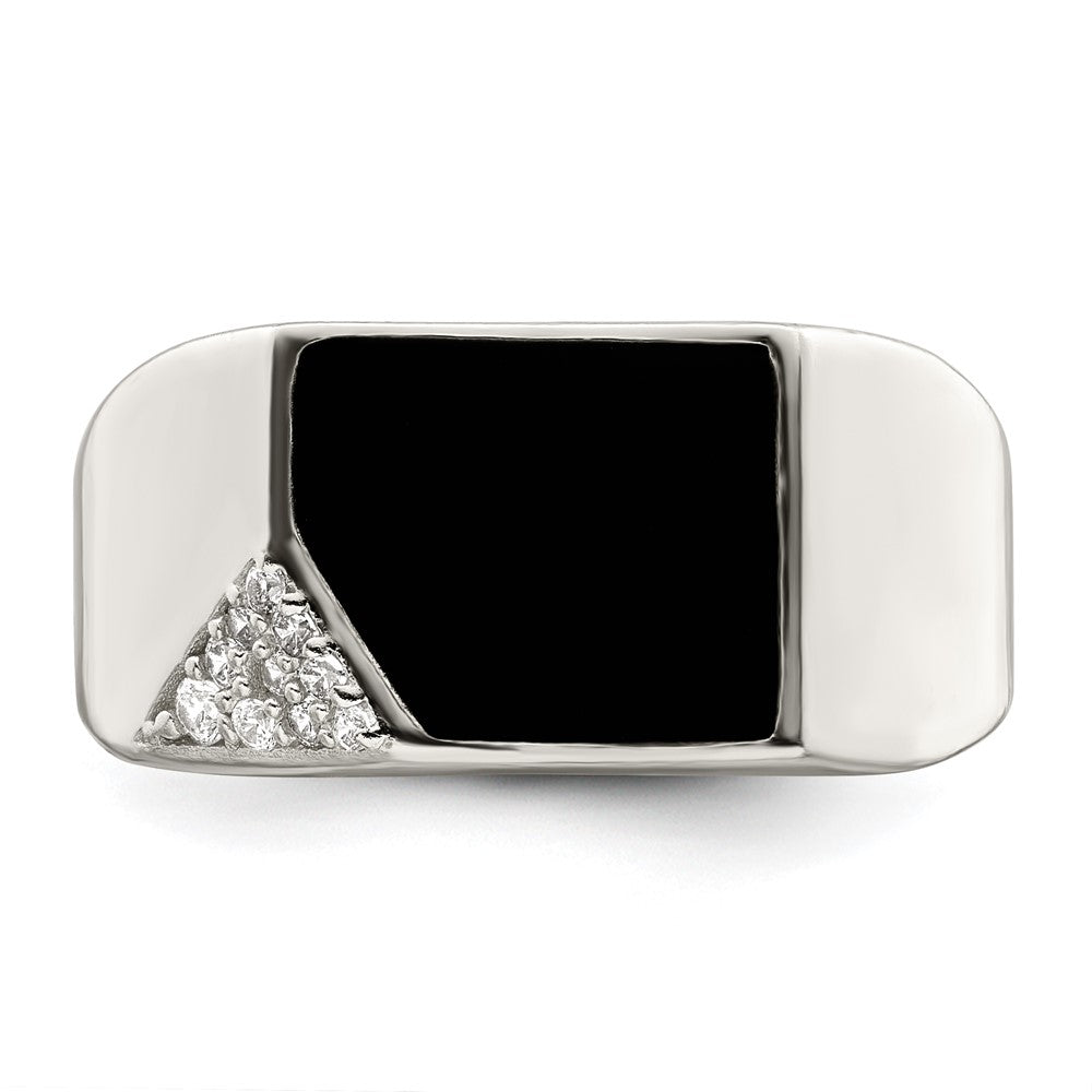 Sterling Silver Black Enameled And Cz Mens Ring