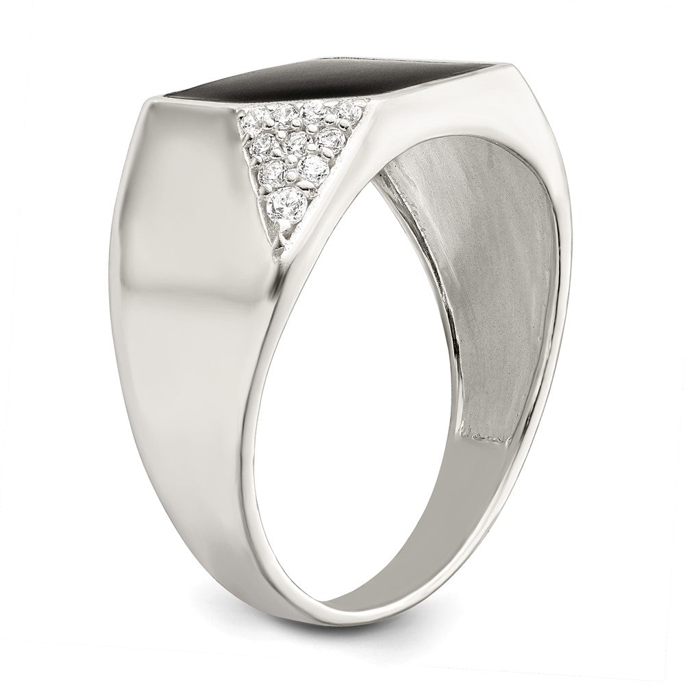 Sterling Silver Black Enameled And Cz Mens Ring
