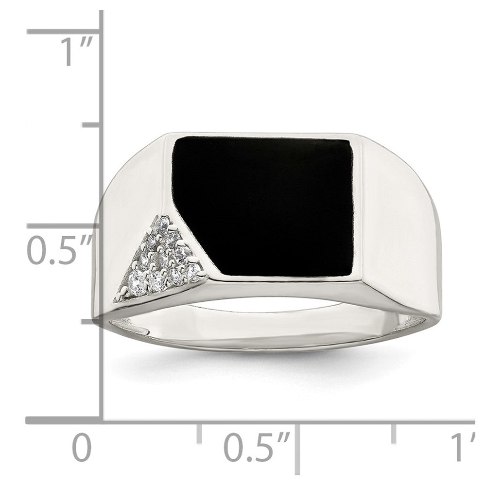 Sterling Silver Black Enameled And Cz Mens Ring