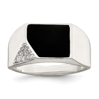 Sterling Silver Black Enameled And Cz Mens Ring
