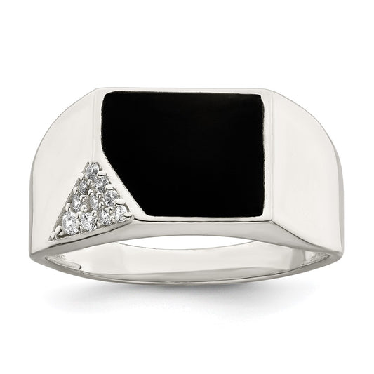 Sterling Silver Black Enameled And Cz Mens Ring