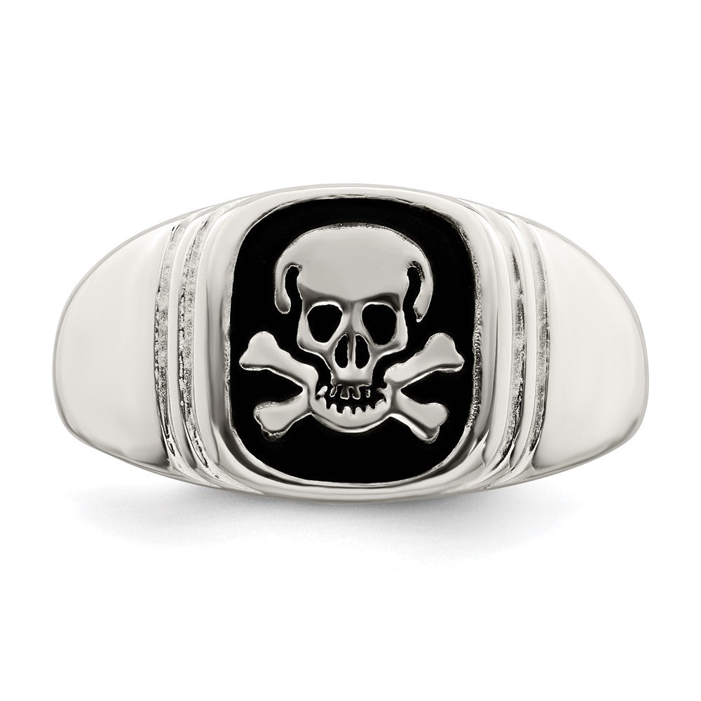 Sterling Silver Black Enameled Mens Skull And Crossbones Ring