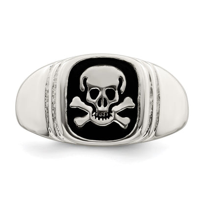 Sterling Silver Black Enameled Mens Skull And Crossbones Ring