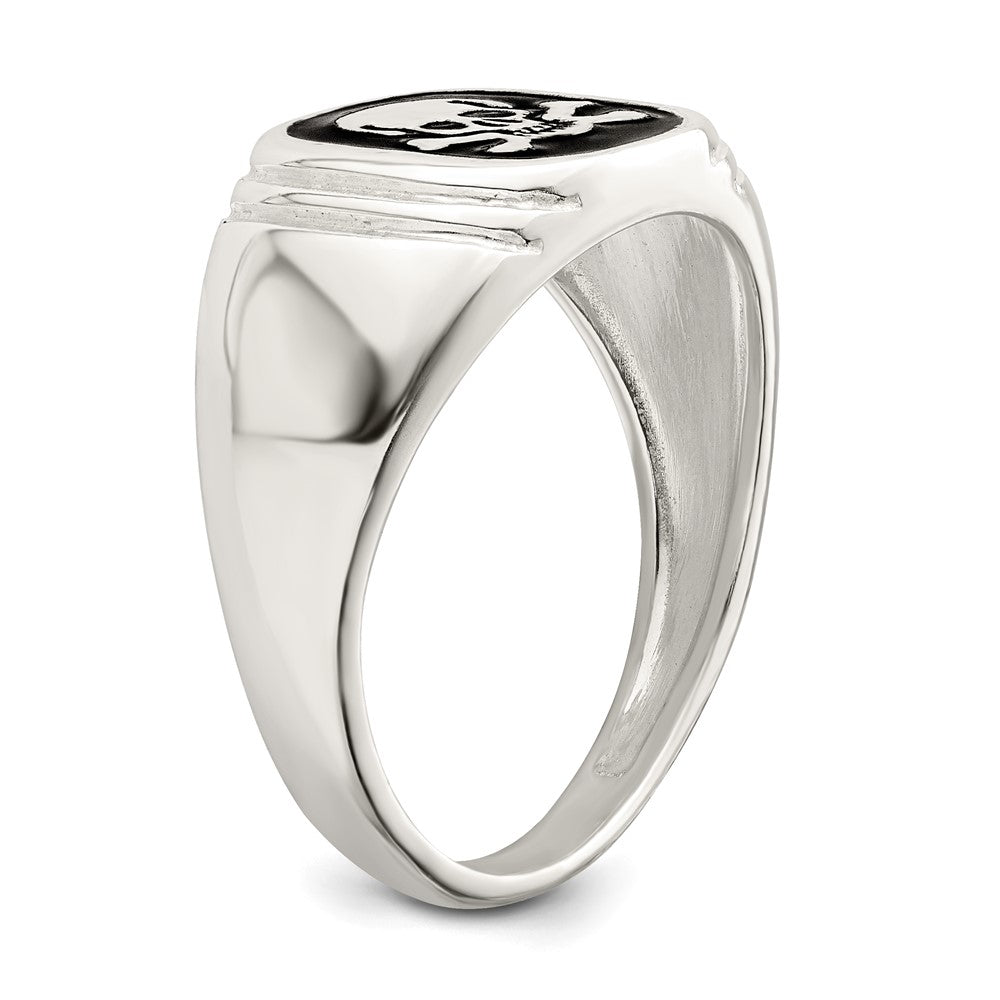 Sterling Silver Black Enameled Mens Skull And Crossbones Ring