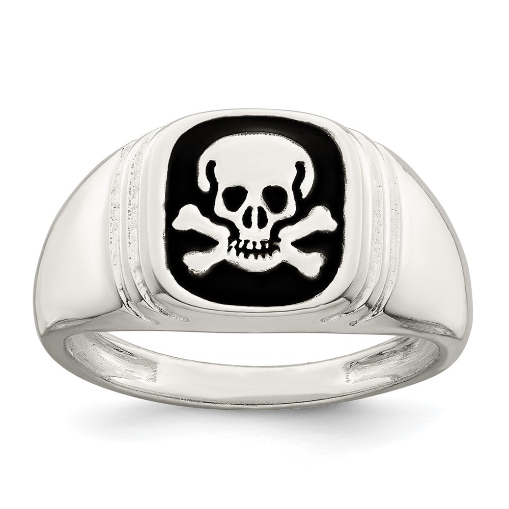 Sterling Silver Black Enameled Mens Skull And Crossbones Ring