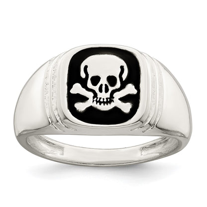 Sterling Silver Black Enameled Mens Skull And Crossbones Ring