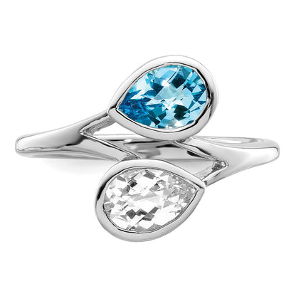 Sterling Silver Rhodium Plated Polished Blue & White Topaz Bypass Ring
