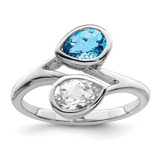 Sterling Silver Rhodium Plated Polished Blue & White Topaz Bypass Ring