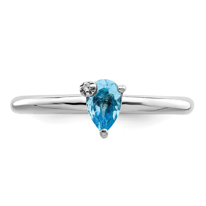 Sterling Silver Rhodium Plated Pear Swiss Blue Topaz & White Ring