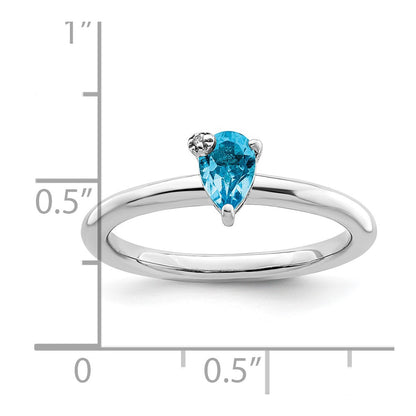 Sterling Silver Rhodium Plated Pear Swiss Blue Topaz & White Ring