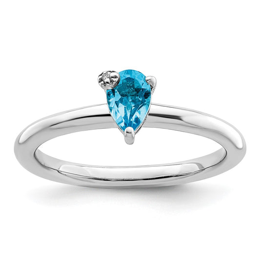 Sterling Silver Rhodium Plated Pear Swiss Blue Topaz & White Ring