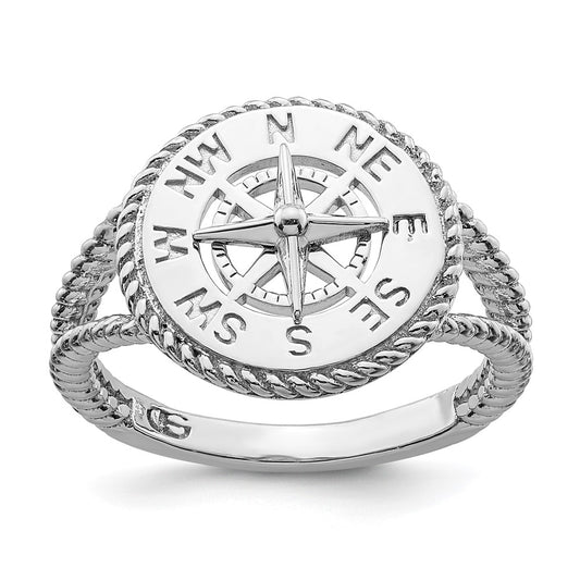 Sterling Silver De Ani Rhodium Plated Polished Compass With Rope Trim Ring