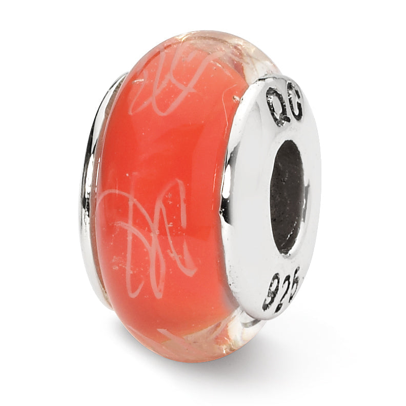 Sterling Silver Reflections Orange/White Scribbles Hand-Blown Glass Bead