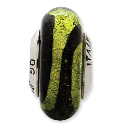 Sterling Silver Reflections Lime/Black Stripes Italian Murano Bead