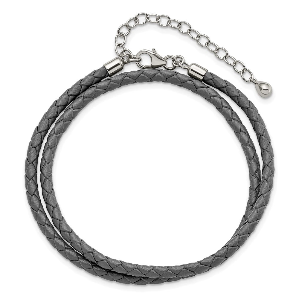 Sterling Silver Reflections Gray Leather Rhodium-Plated 14 Inch With A 2 Extention Choker/Wrap Bracelet