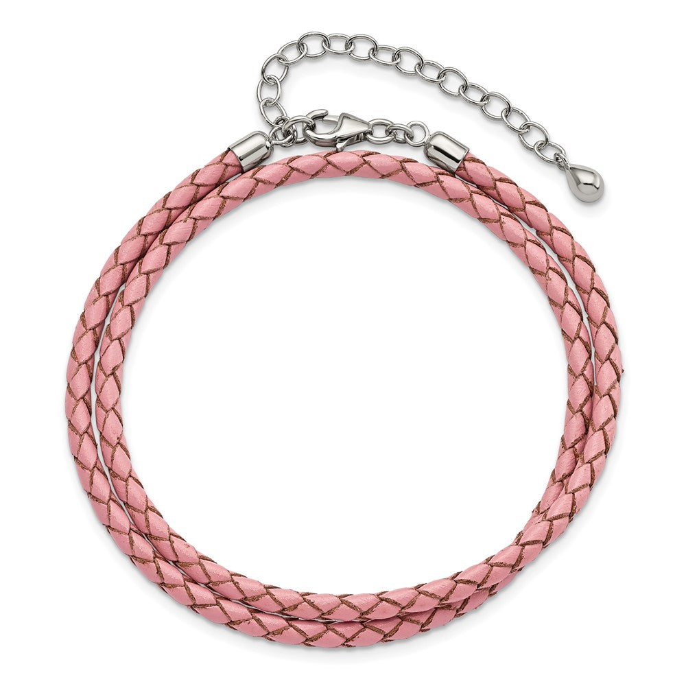 14 Inch Ss Reflections Pink Leather Rh-Plated 14In W/2In Ext Choker/Wrap Bracelet