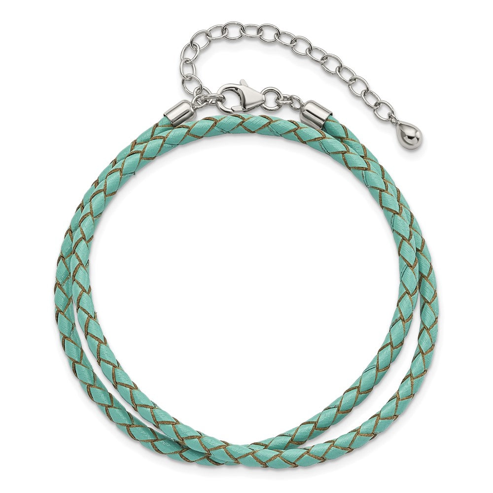 Sterling Silver Reflections Teal Leather Rhodium-Plated 14 Inch With A 2 Extention Choker/Wrap Bracelet
