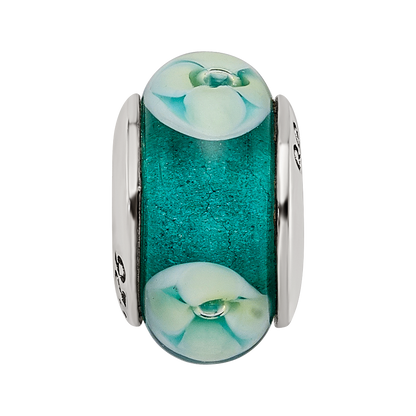 Sterling Silver Reflections Blueish Green Floral Hand-Blown Glass Bead